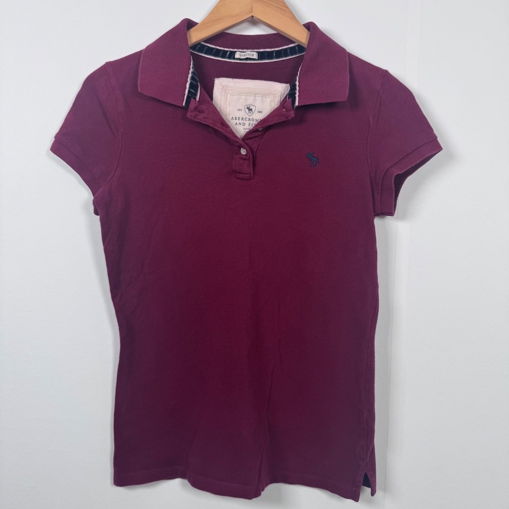 Y2K Abercrombie Fitch Polo Shirt Slim Shrunk Fit Top Women L Maroon Preppy Moose